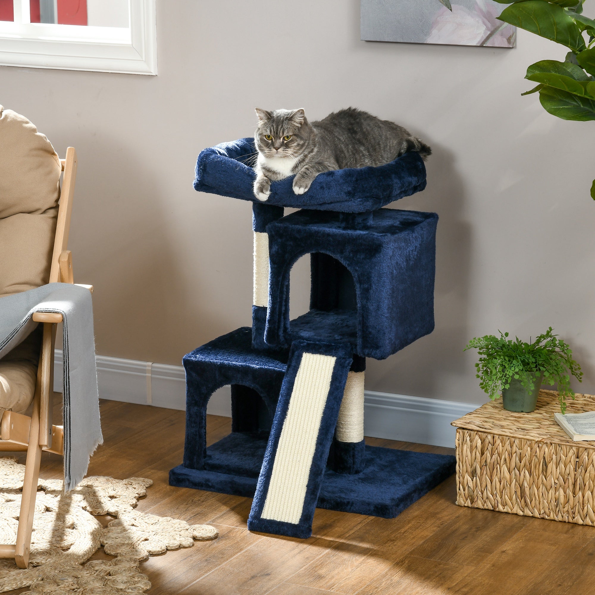 PawHut Sisal Cat Rest & Play Activity Tree w/ 2 House Navy Blue 
