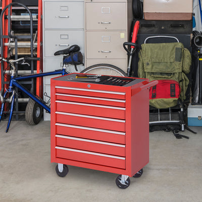 DURHAND 7-Drawer Rolling Tool Chest on Wheels, Lockable Tool Cabinet with Side Handle, Metal Tool Box Trolley for Garage, Workshop, Red 