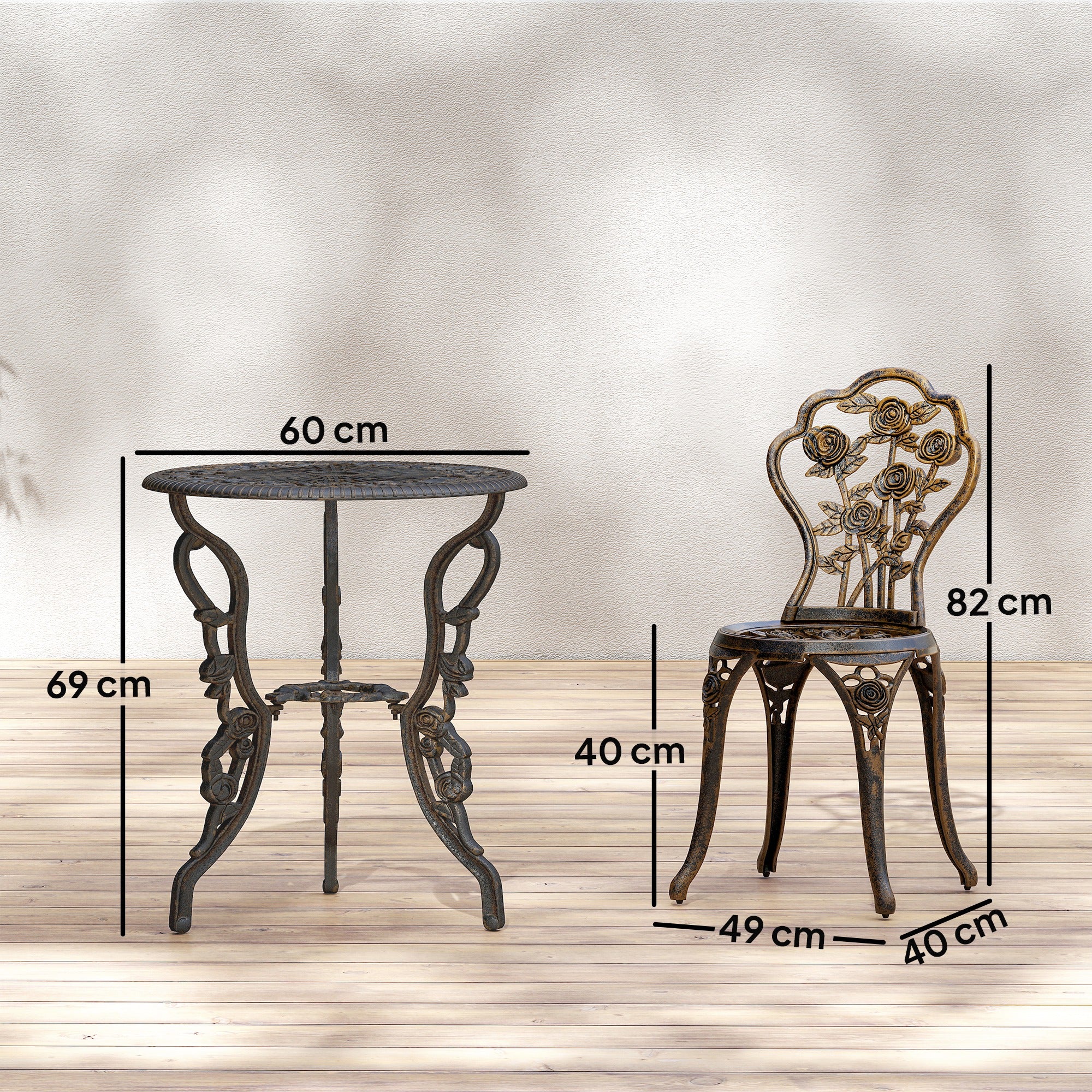 Outsunny Outdoor Bistro Set Vintage Rose Design Patio Furniture Set with Round Table and 2 Chairs Metallic Finish 