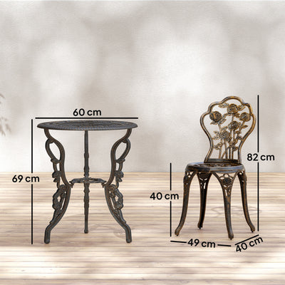 Outsunny Outdoor Bistro Set Vintage Rose Design Patio Furniture Set with Round Table and 2 Chairs Metallic Finish 