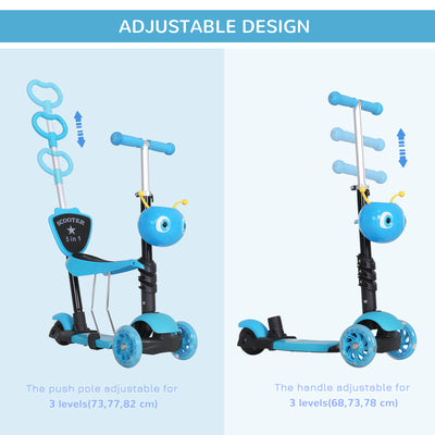HOMCOM 5 in1 Kids  Scooter 3 Wheel Toddler scooter Kick Scooter with Adjustable Handlebar, Removable Seat & Back Rest for 18 Month+, Blue 