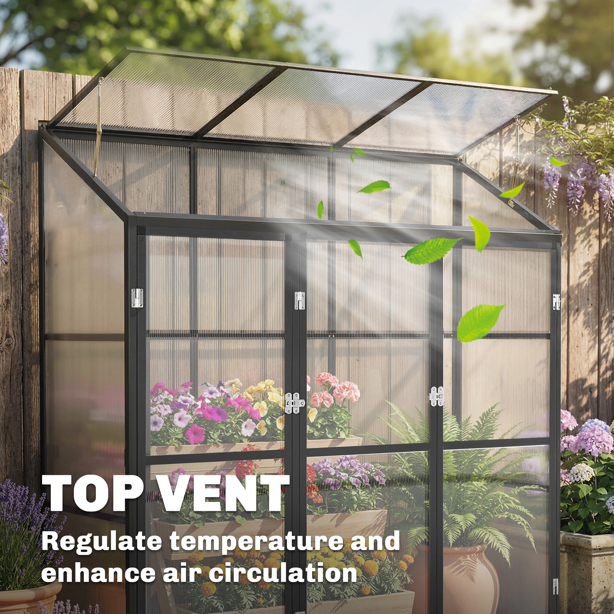 Outsunny Polycarbonate Greenhouse with 3 Hinged Doors, Top Vent, Lean-to Green House, Walk-in Greenhouse, 6 x 1.5ft, Black 