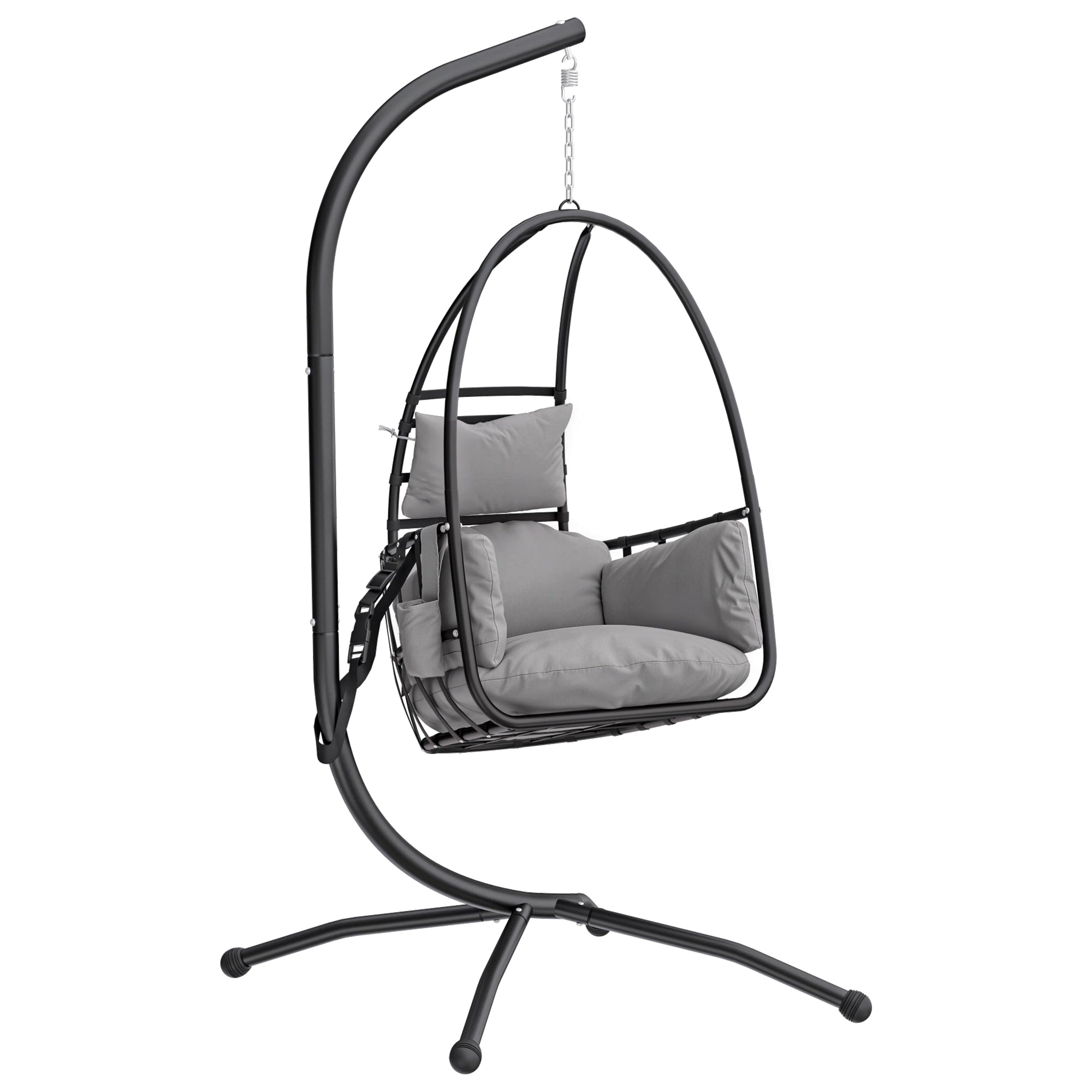 Outsunny Hanging Egg Chair, Indoor Outdoor Swinging Hammock Chair with Stand, Foldable Basket, Side Pocket, Dark Grey 