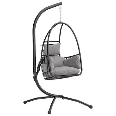 Outsunny Hanging Egg Chair, Indoor Outdoor Swinging Hammock Chair with Stand, Foldable Basket, Side Pocket, Dark Grey 