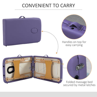 HOMCOM Portable Massage Bed, Folding Spa Beauty Massage Table with 2 Sections, Carry Bag and Wooden Frame, Purple 