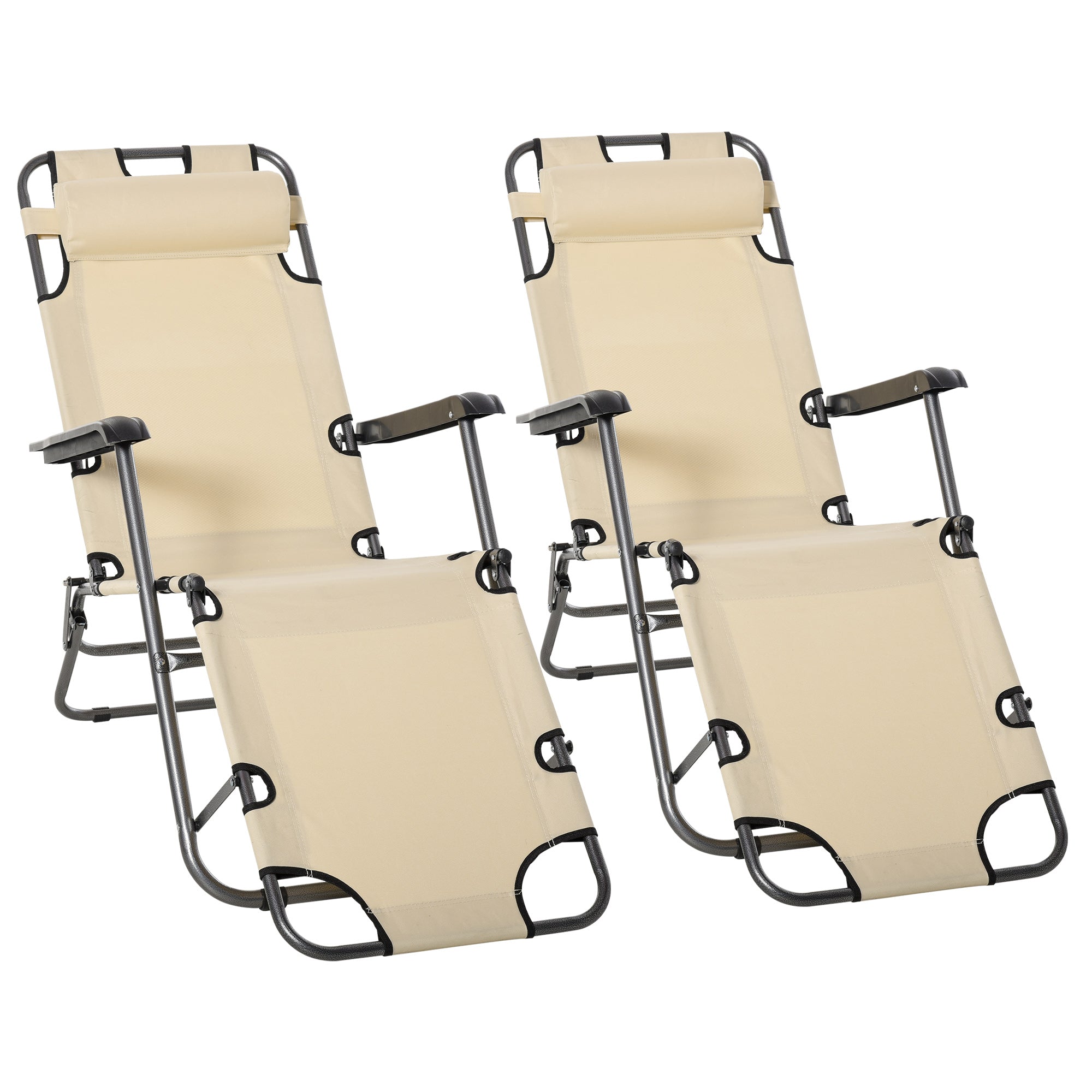 Outsunny 2 Pieces 2 in 1 Sun Lounger Folding Reclining Chair Garden Outdoor Camping Adjustable Back with Pillow, Beige 