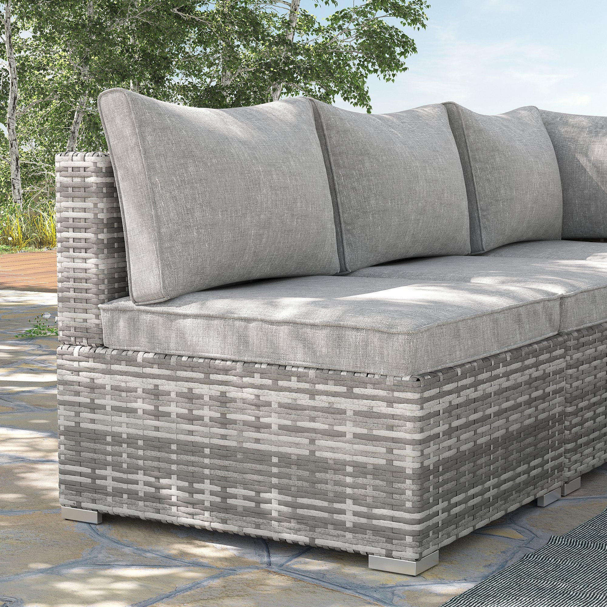 Outsunny Outdoor PE Rattan Furniture with Cushions, Garden Armless Chair with Adjustable Footpads and Back Support Cushion, for Garden, Yard, Terrace, Light Grey 
