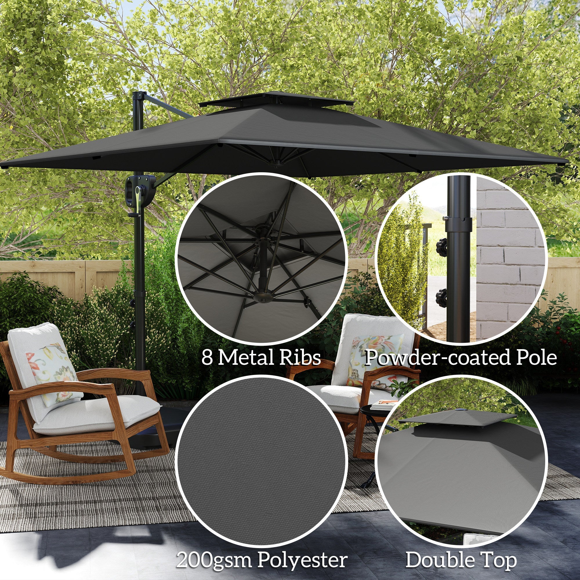 Outsunny Cantilever Parasol with Weighted Base Double Top Garden Parasol Square Hanging Patio Umbrella with Crank Tilt Dark Grey 