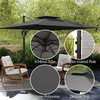 Outsunny Cantilever Parasol with Weighted Base Double Top Garden Parasol Square Hanging Patio Umbrella with Crank Tilt Dark Grey 
