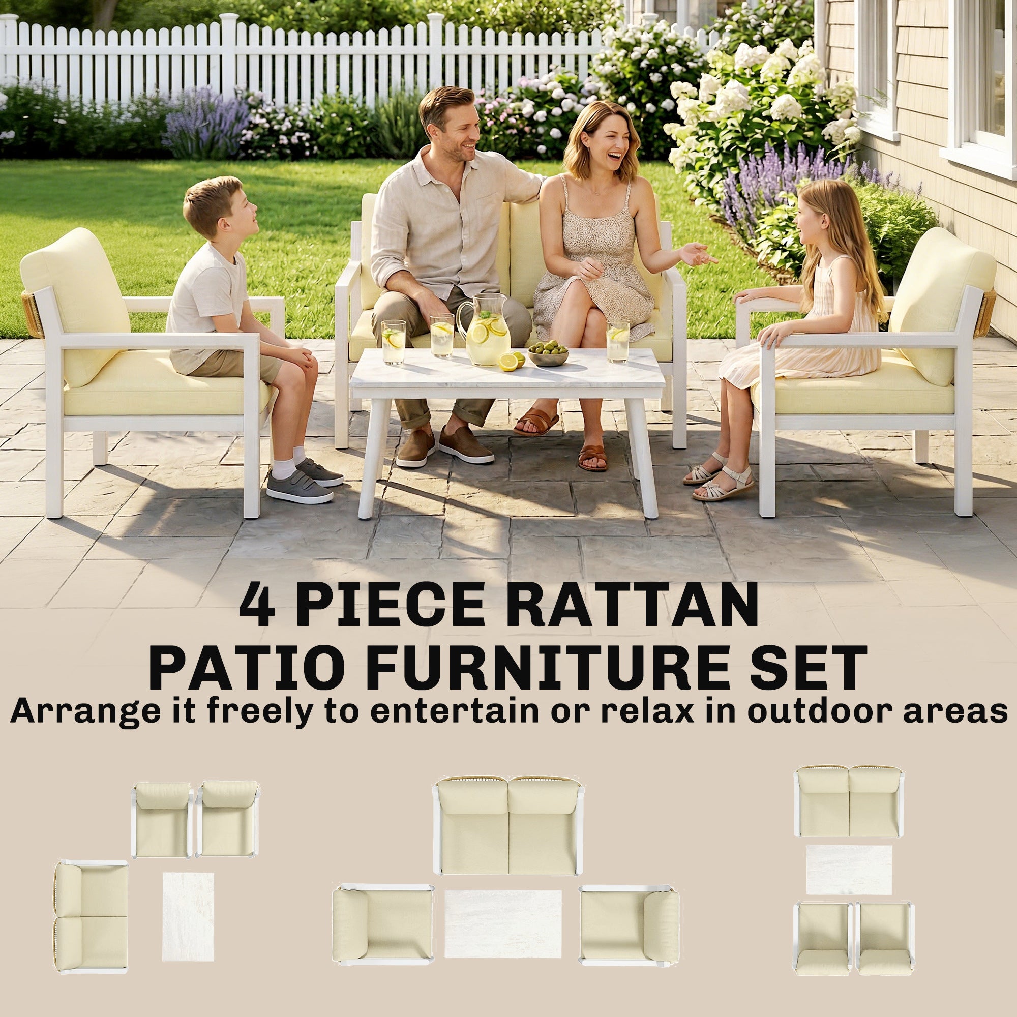 Outsunny 4 Seater Rattan Garden Furniture Set with 2 Armchairs, Loveseat, Coffee Table, Garden Sofa Set with Cushions, Brown 