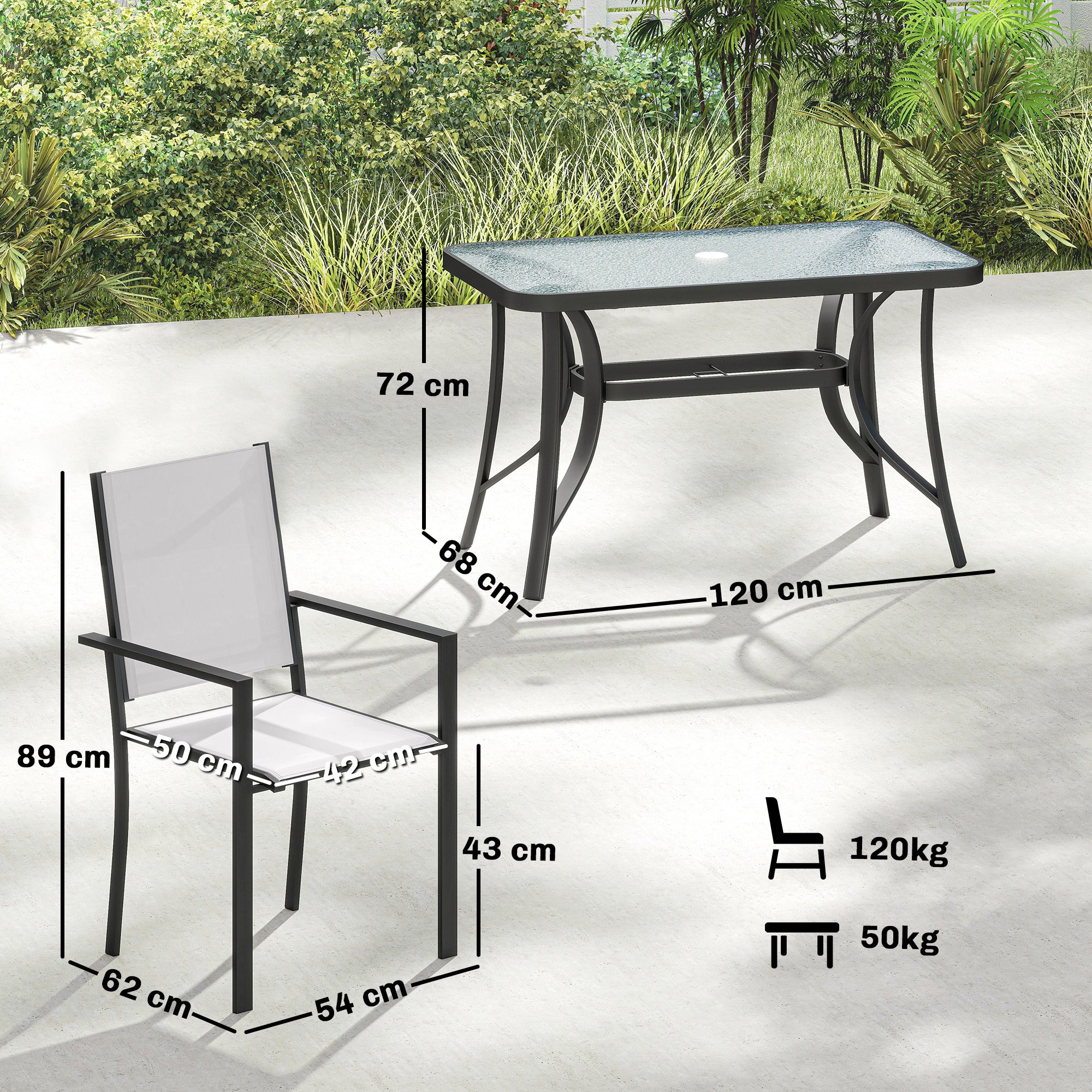 Outsunny Garden Dining Set for 4 with Umbrella Hole, Stackable Chairs and Rectangular Glass-Top Outdoor Table, Light Grey 