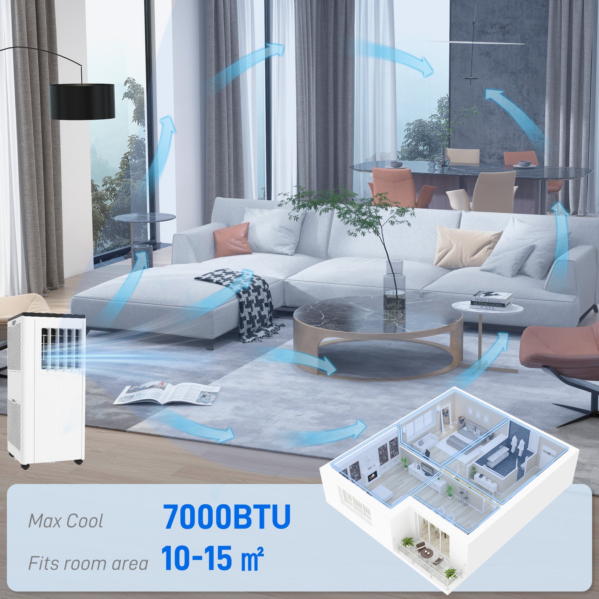 HOMCOM 7,000 BTU App-Controlled Mobile Air Conditioner, 15m\'c2\'b2 Radius - White