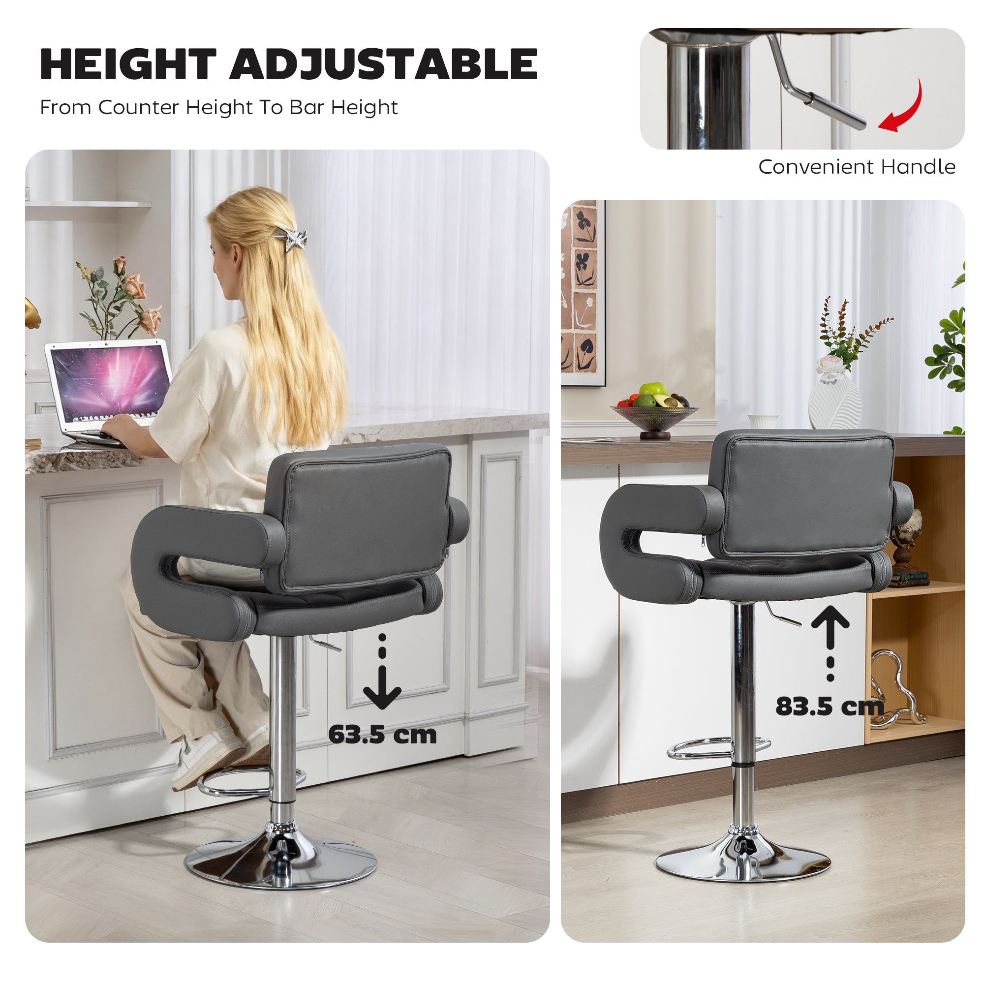 HOMCOM PU Leather Upholstered Swivel Bar Stool, Height Adjustable with Back, Armrest, Footrest, Grey 
