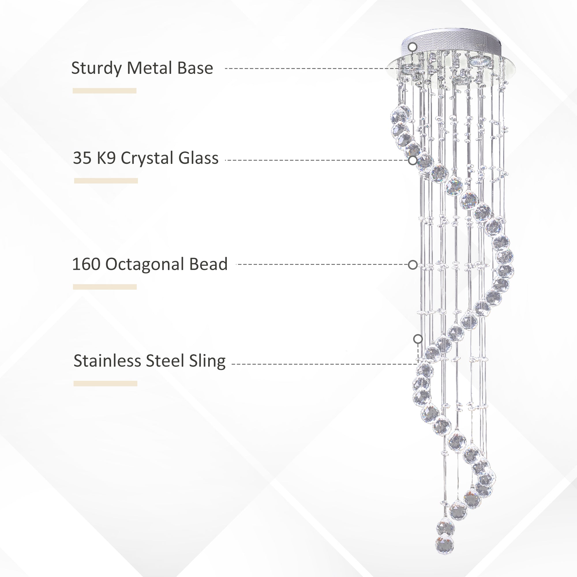 HOMCOM Modern Crystal Chandelier Ceiling Light Pendant Lamp Chrome Finish Glass Droplets New, Ф30 x 120cm 