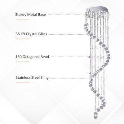 HOMCOM Modern Crystal Chandelier Ceiling Light Pendant Lamp Chrome Finish Glass Droplets New, Ф30 x 120cm 