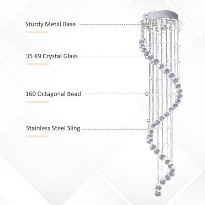 HOMCOM Modern Crystal Chandelier Ceiling Light Pendant Lamp Chrome Finish Glass Droplets New, Ф30 x 120cm 