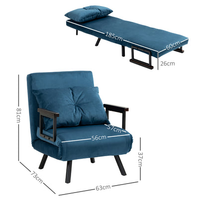 HOMCOM 4-in-1 Velvet-Feel Single Chair Bed, with Pillow - Navy Blue 