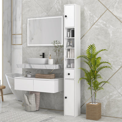 kleankin 180cm Tall Bathroom Cabinet, Slim Bathroom Storage Cabinet with 4 Open Shelves, 2 Door Cupboards and Adjustable Shelves, White 