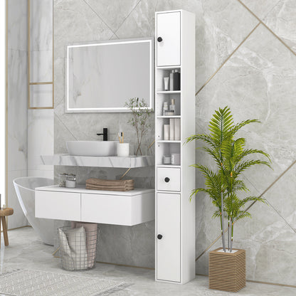 kleankin 180cm Tall Bathroom Cabinet, Slim Bathroom Storage Cabinet with 4 Open Shelves, 2 Door Cupboards and Adjustable Shelves, White 