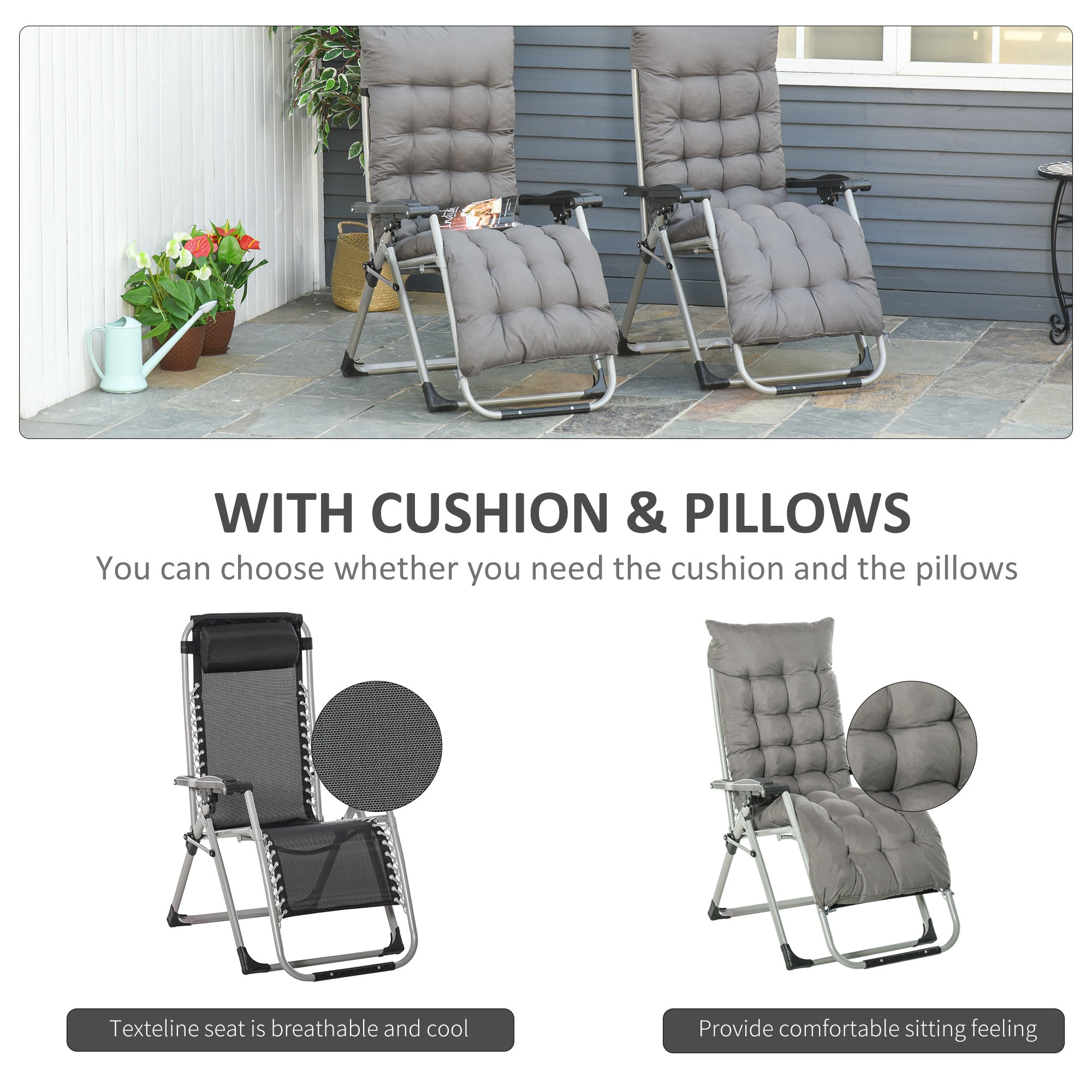Outsunny 2 Piece Reclining Zero Gravity Sun Loungers with Cushions, Dark Grey 
