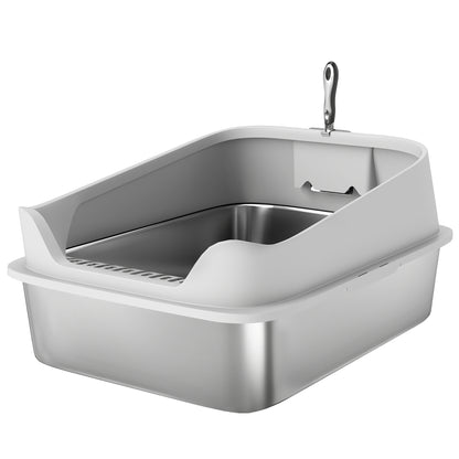 PawHut XXL Stainless Steel Cat Litter Box with High Sides, Metal Scoop, 70 x 50 x 30 cm