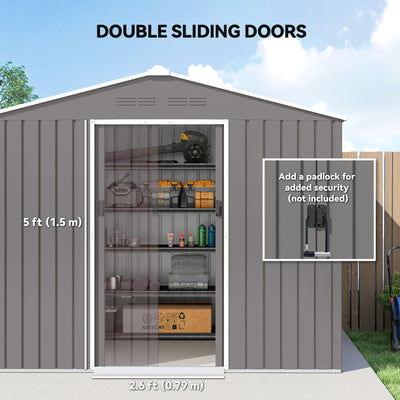 Outsunny 8 x 6ft Galvanised Steel Shed, with Double Door - Light Grey 