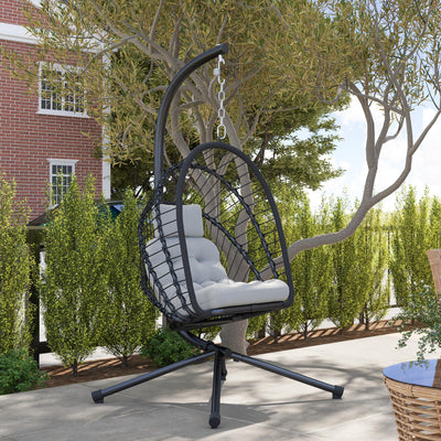 Outsunny Outdoor PE Rattan Swing Chair with Cushion, Garden Foldable Basket Patio Hanging Egg Chair with Metal Stand, Headrest, for Indoor and Outdoor, Black 