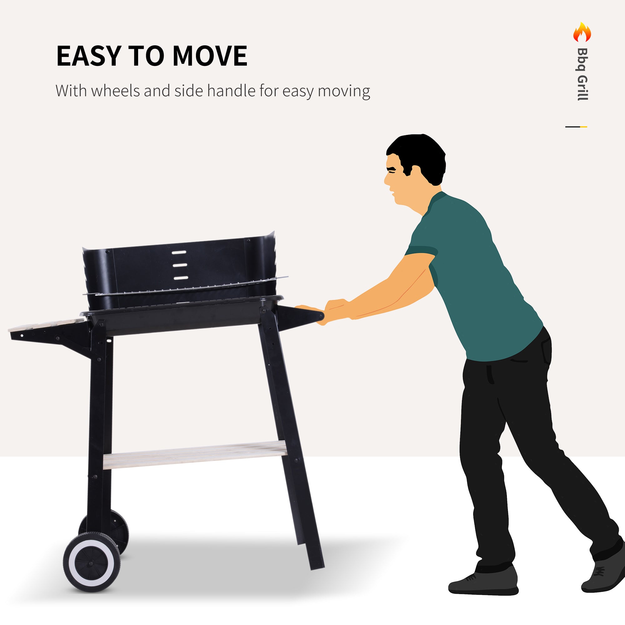 Outsunny Trolley Charcoal BBQ Barbecue Grill Outdoor Patio Garden Heating Smoker with Side Trays Storage Shelf and Wheels 