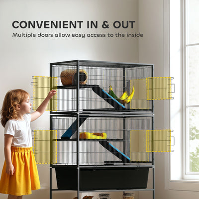 PawHut 5 Levels Rolling Small Animal Cage with Non Slip Ramps, Slide Out 16cm Deep Tray, 88 x 48 x 150.5cm, Dark Grey 