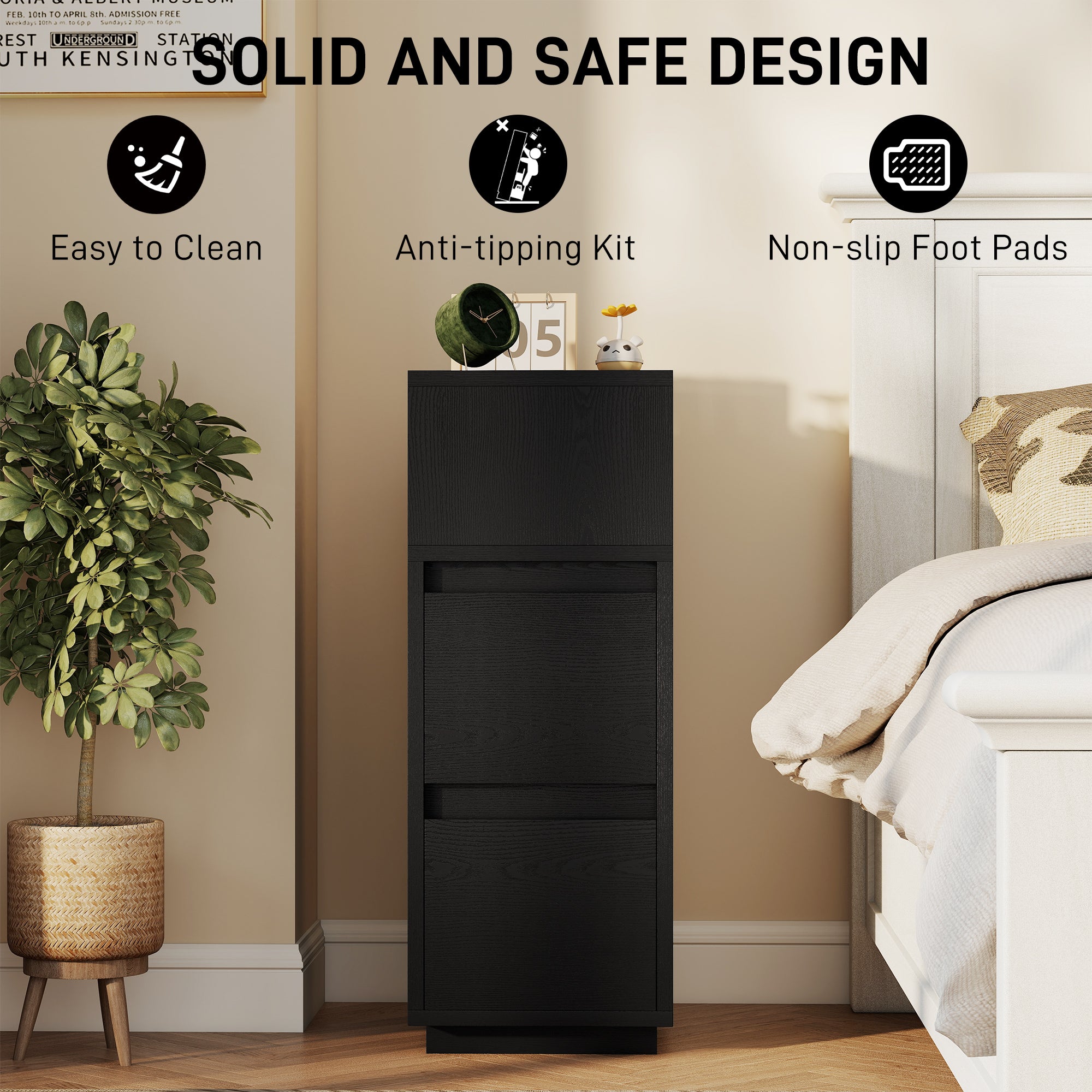 HOMCOM Slim Bedside Table, Narrow Bedside Cabinet with Open Shelf and 2 Drawers for Bedroom, Living Room, Black 