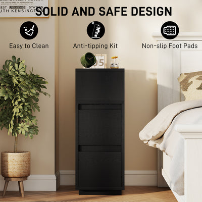 HOMCOM Slim Bedside Table, Narrow Bedside Cabinet with Open Shelf and 2 Drawers for Bedroom, Living Room, Black 