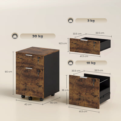 HOMCOM Two-Drawer Lockable Filing Cabinet - Black and Rustic Brown 