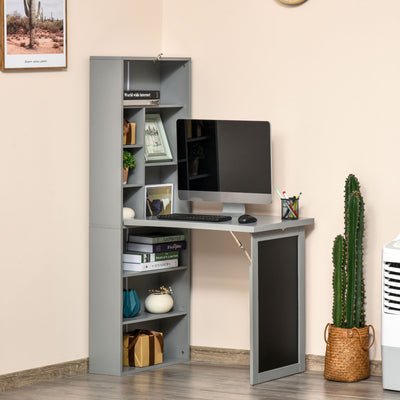 HOMCOM Folding Convertible Desk with Blackboard Multi-function Computer Office Workstation Side Shelf for Home Office, Grey 