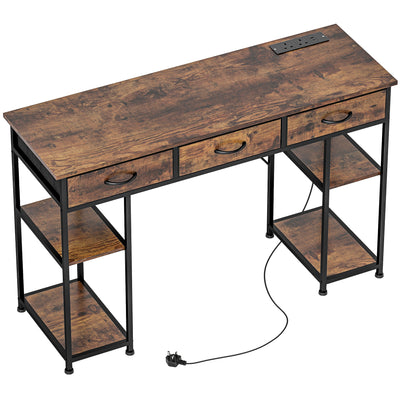 HOMCOM 120cm Computer Desk with Power Outlets, Office Desk Study Table with Fabric Drawers and Storage Shelves, Rustic Brown 