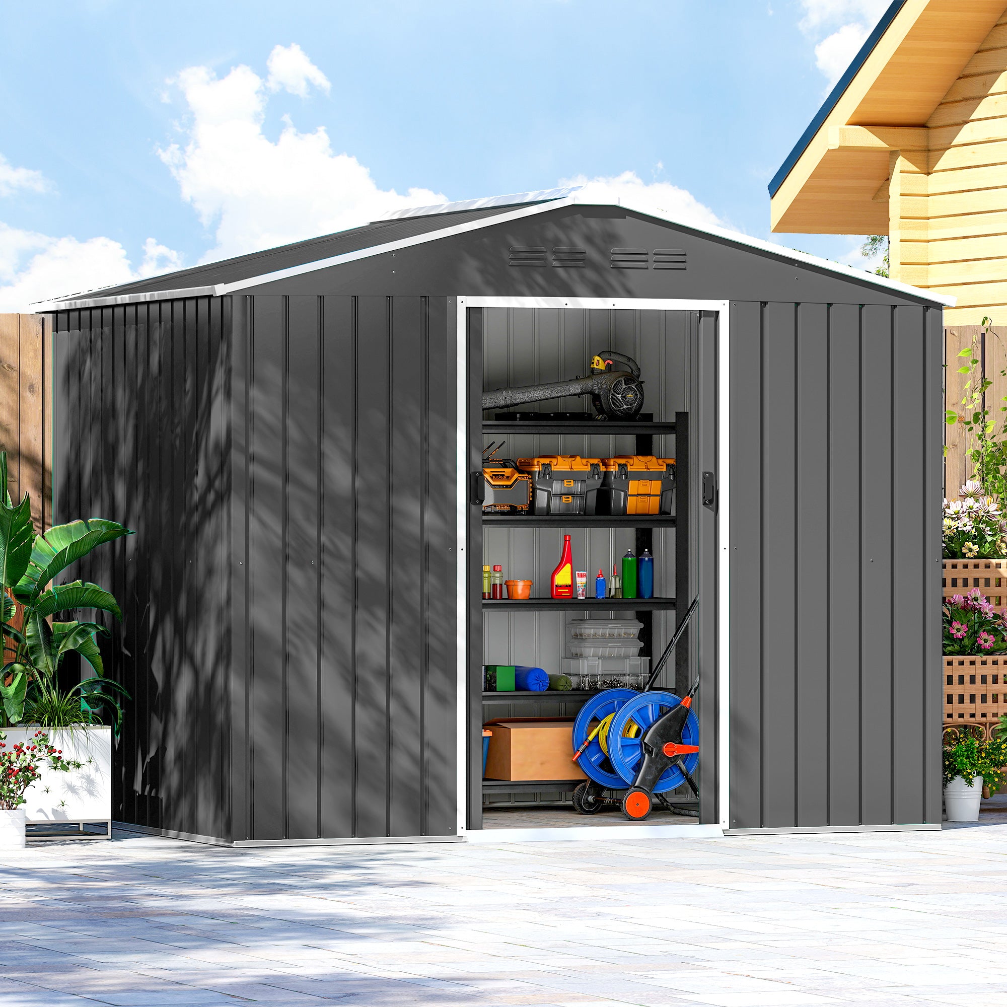 Outsunny 8 x 6ft Galvanised Steel Shed, with Double Door - Dark Grey 