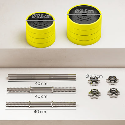 HOMCOM 20KGS 2-In-1 Dumbbell & Barbell Adjustable Set Strength Muscle Exercise Fitness Plate Bar Clamp Rod Home Gym Sports Area, Yellow 