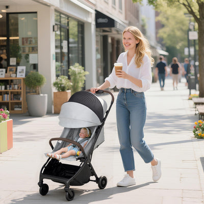 AIYAPLAY Foldable Baby Stroller with Adjustable Seat, 5-Point Harness, Canopy, Basket, 6.3kg Lightweight & Compact, Light Grey 