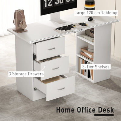 HOMCOM Computer Desk, Writing Table, PC Workstation with 3 Storage Shelves and Drawers, Silver Handle, for Home Office, White 