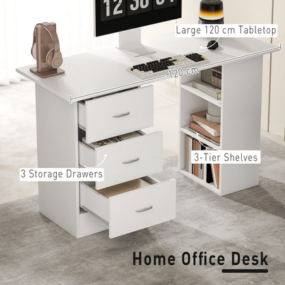 HOMCOM Computer Desk, Writing Table, PC Workstation with 3 Storage Shelves and Drawers, Silver Handle, for Home Office, White