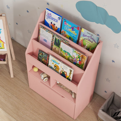HOMCOM Kids Bookshelf, Toy Organiser, with Storage Drawer, Wheels - Pink 