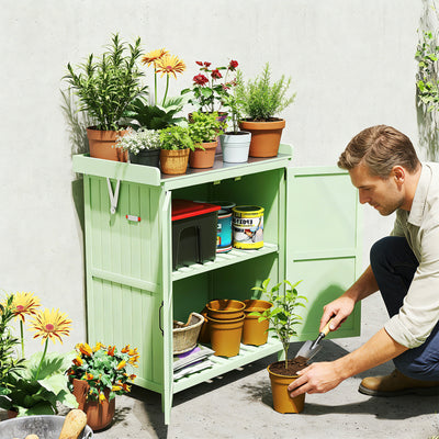 Outsunny Wooden Garden Shed, Garden Tool Storage Shed with Hinged Roof and Shelf, Outdoor Storage Cabinet with Double Doors, Light Green 