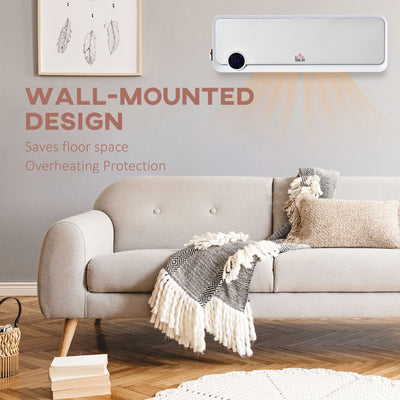 HOMCOM Wall Downflow Heater 2 Heat and Fan 1000W/2000W, Electric Space Heater with Timer Remote Oscillating, for Bedroom Home Office, White and Silver 
