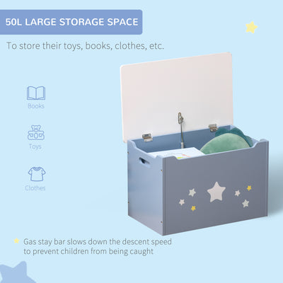 HOMCOM Kids Wooden Toy Box Children Storage Chest Organiser Side Handle Safety Hinge Play Room Furniture Blue 