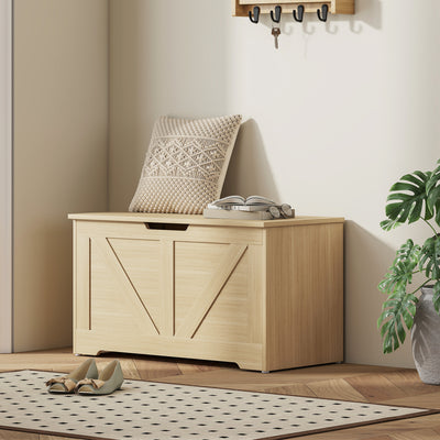 HOMCOM 100L Home Storage Box, with Safety Hinges - Natural Wood Finish 