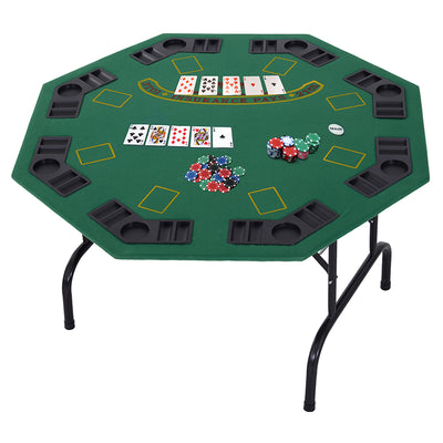HOMCOM 8 Player Folding Games Poker Table with Chip Cup Holder Steel Base Felt Top Octagon Blackjack Green 