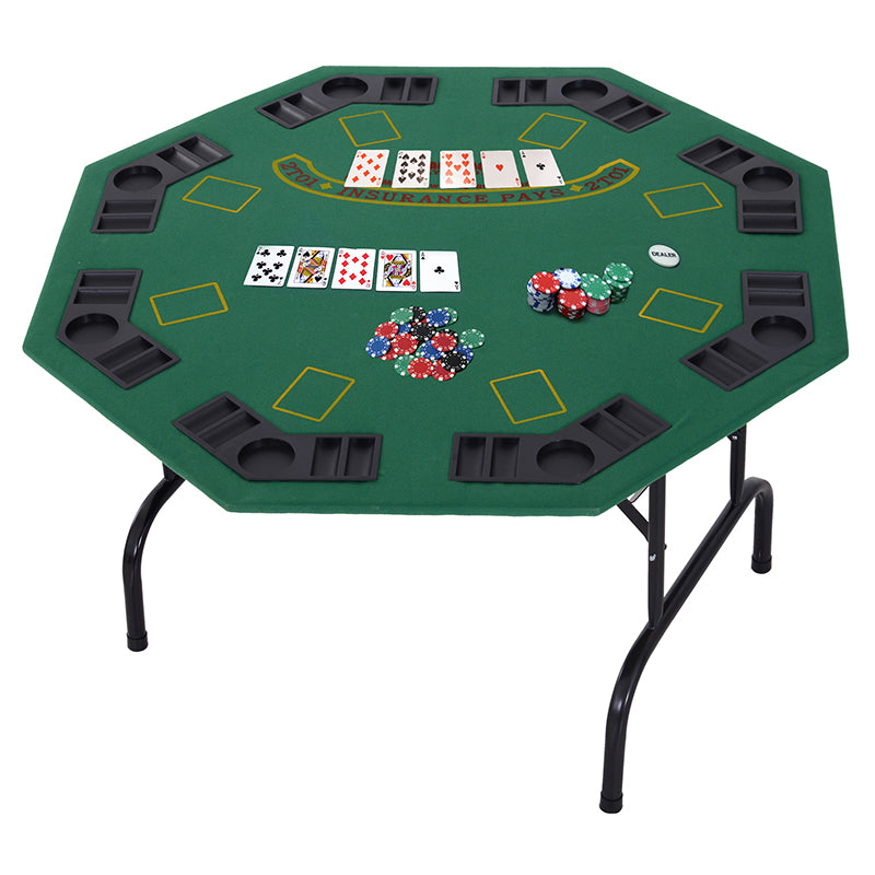 HOMCOM 8 Player Folding Games Poker Table with Chip Cup Holder Steel Base Felt Top Octagon Blackjack Green 