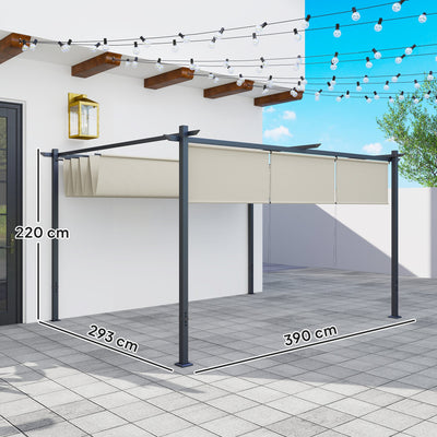 Outsunny 3 x 4m Metal Pergola with Retractable Roof and Roller Shade, Wall-Mounted or Free Standing Garden Gazebo Canopy Pergola Kit, UPF30+ Outdoor Sun Shade Shelter, Beige 