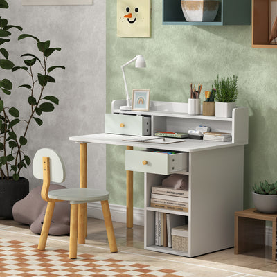 AIYAPLAY Two-Piece Children Study Table with Hutch, Kids Desk and Chair Set with Storage, Drawer, Shelves, Green 