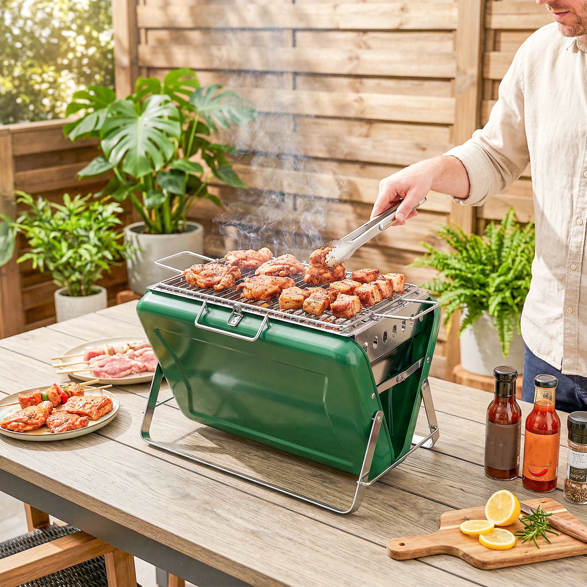 Outsunny Charcoal BBQ Grill Portable Stainless Steel Barbecue with Tilting Grate for Camping Picnic Garden Dark Green 