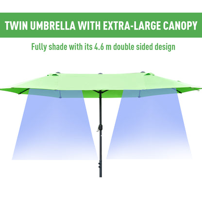Outsunny 4.6M Sun Umbrella Canopy Double-sided Crank Sun Shade w/ Cross Base Green 